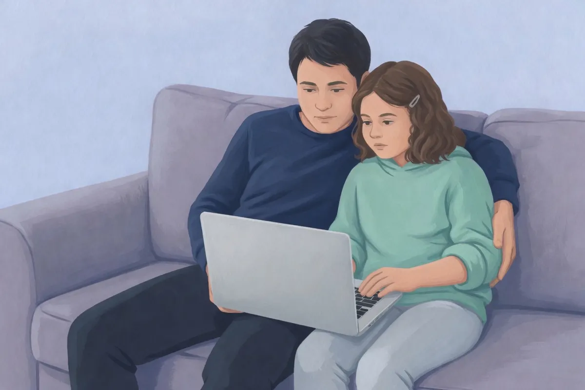A parent and a child reading a story on a laptop