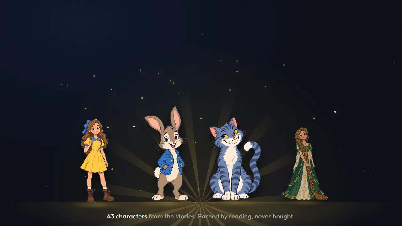 A chest opens in gold light and Peter Rabbit rises out of it, with Alice, the Cheshire Cat and Rapunzel beside him