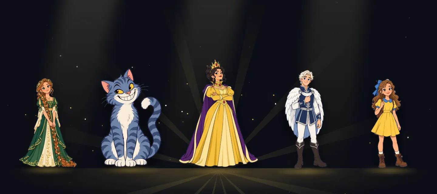 Five story characters standing on a dark stage in gold light
